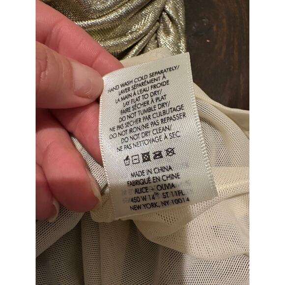 NWOT Alice + Olivia Hilary Ruched Mocked Neck Mini Dress Metallic Pale Gold Sz.0 - Picture 10 of 15